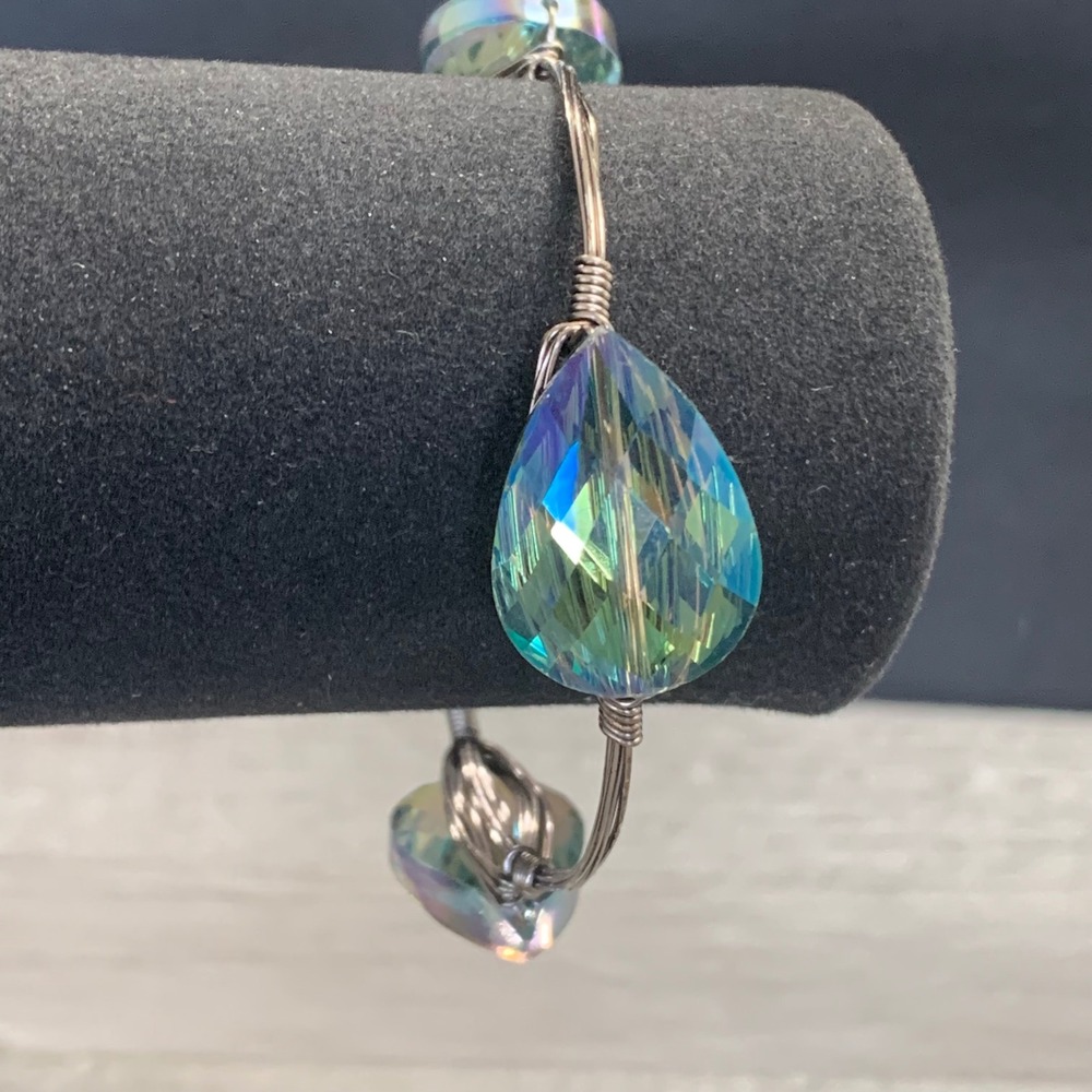Handmade Wire Wrapped Bangle Iridescent Crystal Teardrop Bracelet Silver Tone 8"